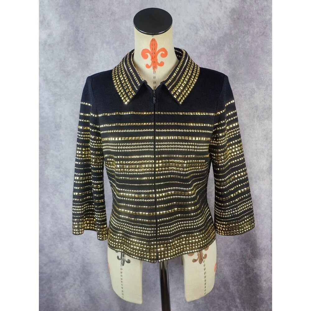 St John Evening Jacket Gold Tone Metalic Studs Embellished Zip Up Black Women 4